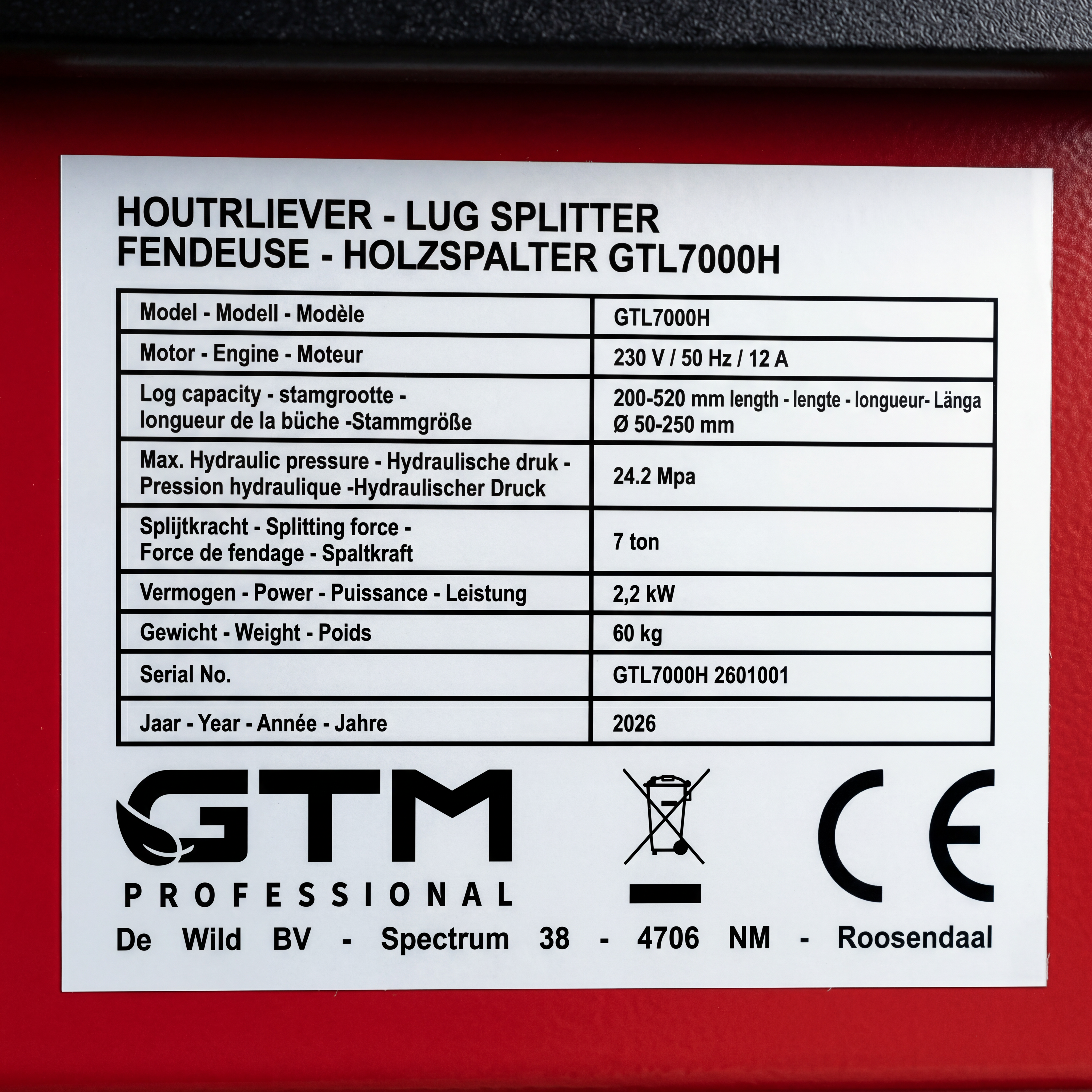 Partidor de Leña GTM.  GTL 7000H